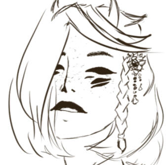 A white background with black lines depicting a many-eyed face with hair cut in a bob. Sidebangs cover the start of a pair of small horns, and a braid is pinned in place by an ornate fake flower with beads dangling. The upper lip is black with lipstick.